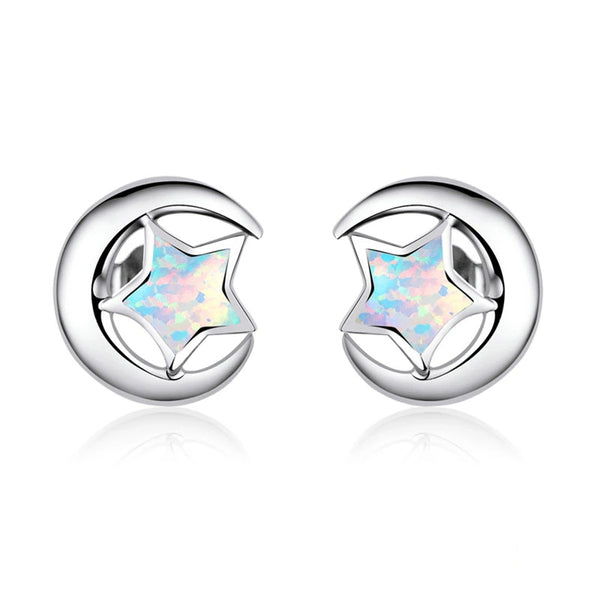 Moon and Star Opal Earrings-AstersJewelry